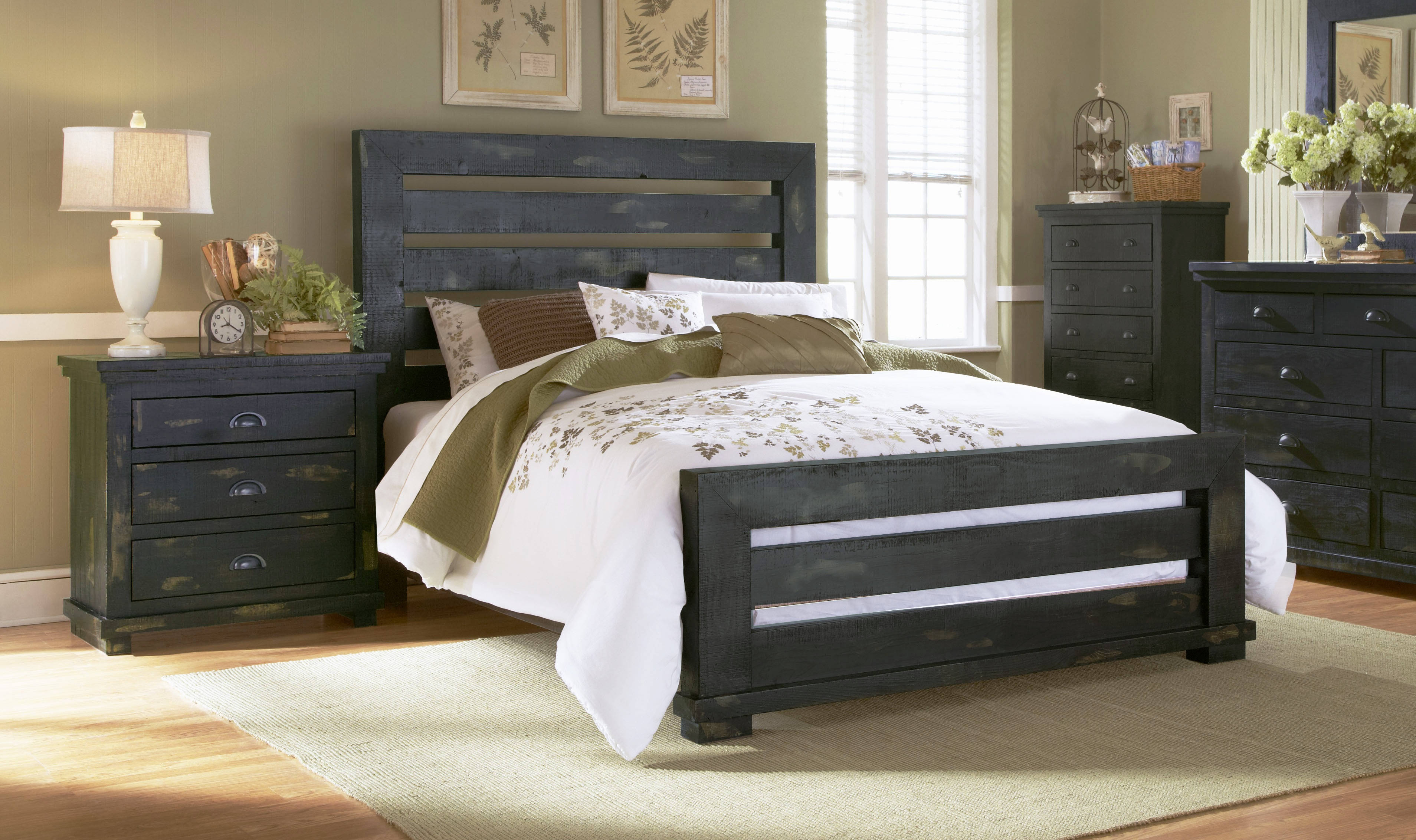 Progressive Furniture Willow Distressed Black 2Pc Bedroom Set With Queen  Slat Bed in Black Distressed Bedroom Furniture